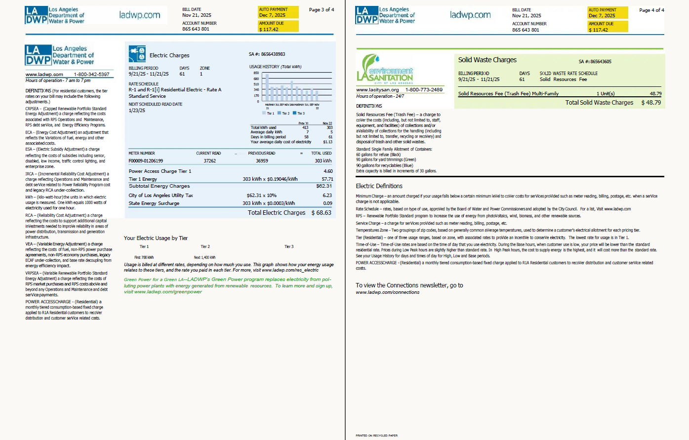 USA LA DWP utility bill template in Word and PDF formats, 4 pages, version 2, 3 4 pages